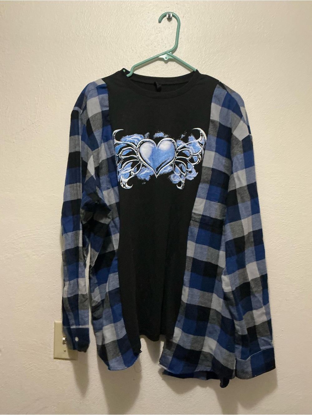 Upcycled Handmade Winged Heart Mashup Shirt – Blue Plaid | One-of-a-Kind